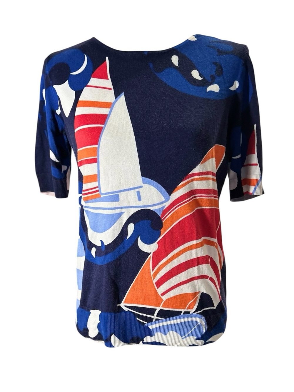Talbots Knit Nautical Sailboat Print Short Sleeve Top